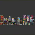 Various Colorful Arcade Game Machines Collection With Cartoon Character On Dark Background