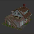 Cartoon House Scene With Red Roof White Walls Wooden Deck Staircase Bench And American Flag