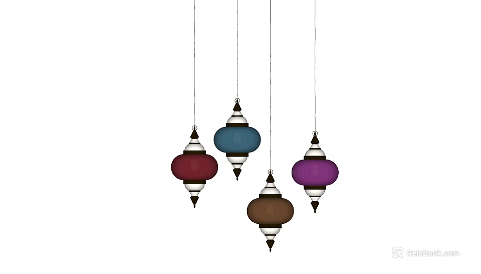 Traditional Lantern Shaped Chandeliers with Red Blue Purple Brown Decorative Designs 3d model 