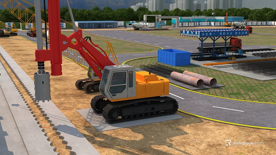 Industrial Factory Construction Site With Large Excavator Red Crane Metal Pipes And Blue Containers 3d model 