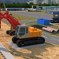 Industrial Factory Construction Site With Large Excavator Red Crane Metal Pipes And Blue Containers