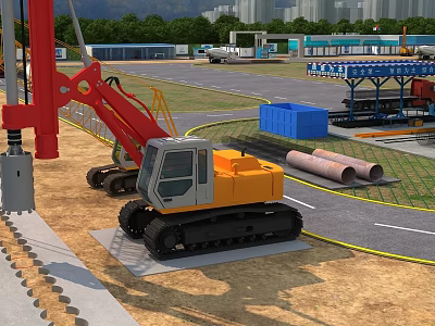 Industrial Factory Construction Site With Large Excavator Red Crane Metal Pipes And Blue Containers 3d model