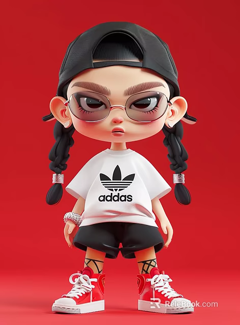 Cute Cartoon Character Decorative Ornament Set With Double Braids Glasses Adidas T-shirt And Red Background 3d model 