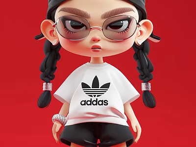 Cute Cartoon Character Decorative Ornament Set With Double Braids Glasses Adidas T-shirt And Red Background 3d model
