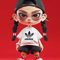 Cute Cartoon Character Decorative Ornament Set With Double Braids Glasses Adidas T-shirt And Red Background