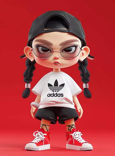 Cute Cartoon Character Decorative Ornament Set With Double Braids Glasses Adidas T-shirt And Red Background 3d model