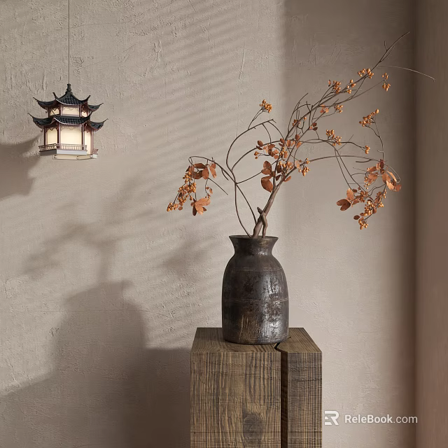 Natural Decorative Ornament Set Featuring Hanging Lantern Ceramic Vase And Branches On Wooden Stand 3d model 