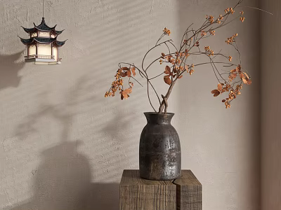 Natural Decorative Ornament Set Featuring Hanging Lantern Ceramic Vase And Branches On Wooden Stand 3d model