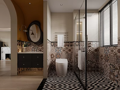 Vintage Modern Bathroom With Patterned Tiles And Smart Toilet 3d model