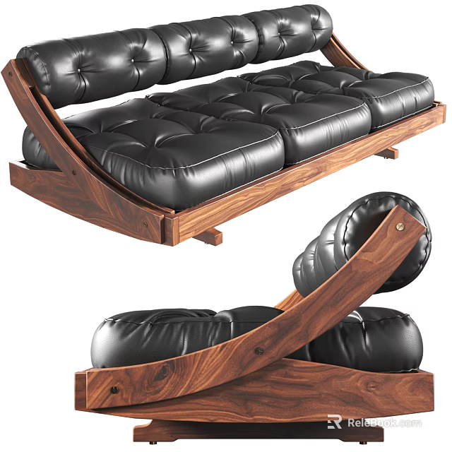 Modern Three Seater Sofa With Black Leather Upholstery And Wooden Frame Design 3d model 