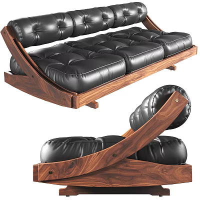 Modern Three Seater Sofa With Black Leather Upholstery And Wooden Frame Design 3d model