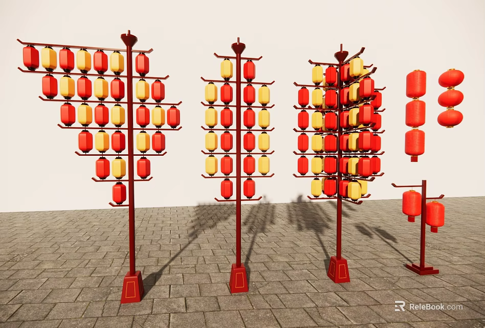 Outdoor Art Installation Featuring Red Lanterns Arranged On Tall Structures With Stone Pavement 3d model
