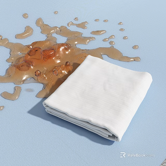 Folded White Cloth Absorbing Liquid Spill On Blue Background Surface 3d model 