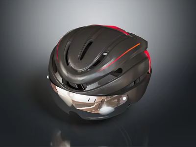 Black Cycling Helmet With Red Orange Accents And Reflective Visor Design 3d model