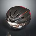 Black Cycling Helmet With Red Orange Accents And Reflective Visor Design