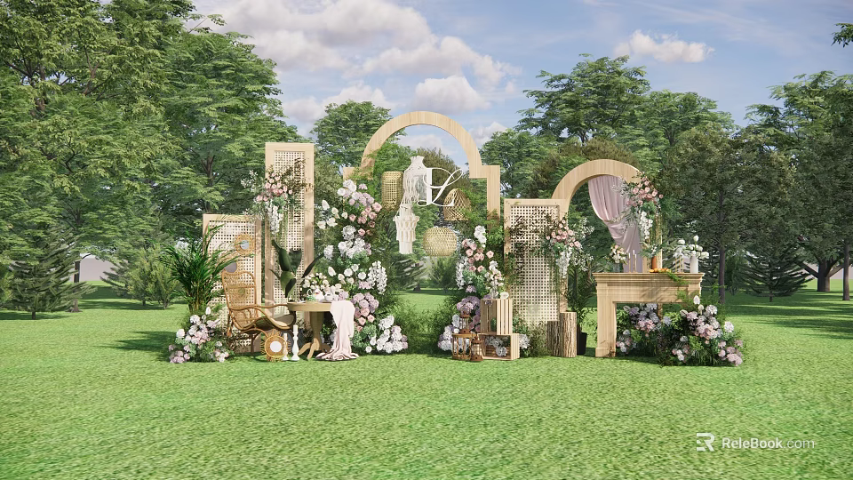 Outdoor Banquet Hall with Floral Decorations Arches and Grass Lawn Setting 3d model 