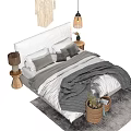 Double Bed with White Headboard Gray Blanket Macramé Hanging Pendant Light and Wooden Stump Tables