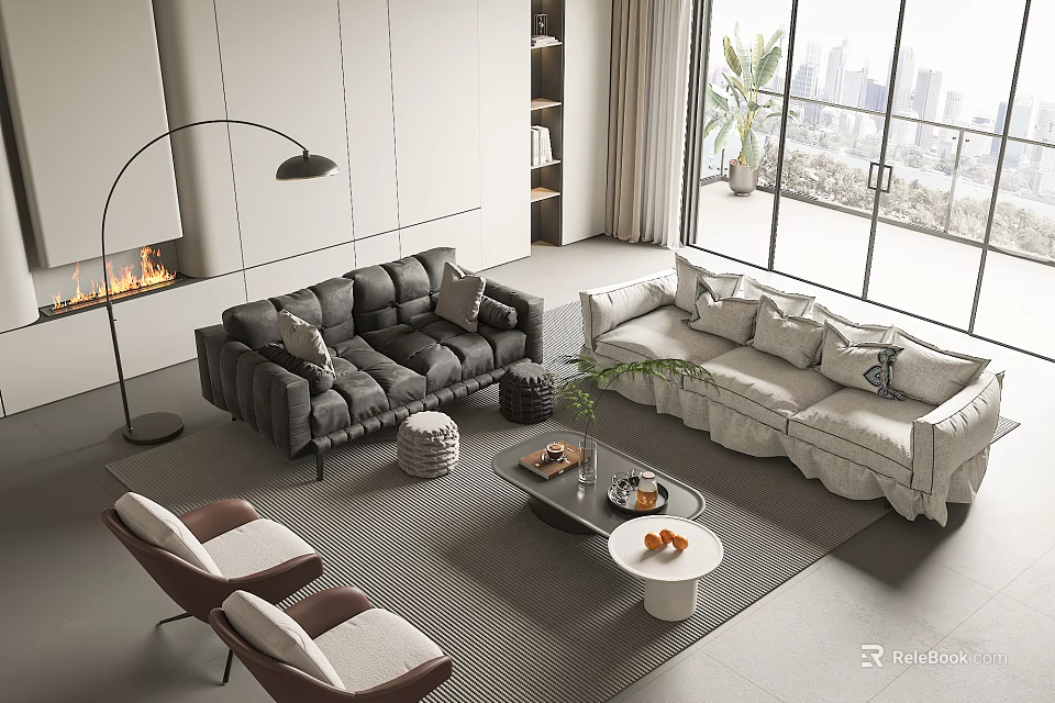 Modern Sofa and Coffee Table Set with Area Rug Floor Lamp and City View Windows 3d model 