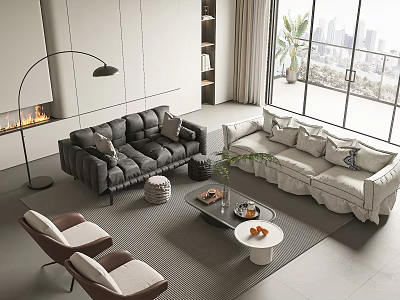 Modern Sofa and Coffee Table Set with Area Rug Floor Lamp and City View Windows 3d model