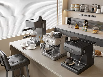 Kitchen Appliances Including Coffee Machines On Countertop With Bar Stool And Window Blinds 3d model