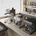 Kitchen Appliances Including Coffee Machines On Countertop With Bar Stool And Window Blinds