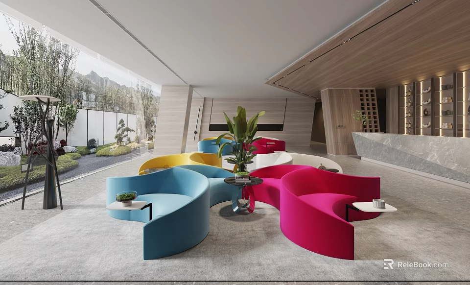 Spacious Modern Lounge Area With Colorful Curved Sofas Central Plant And Comfortable Seating 3d model 