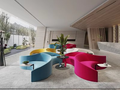 Spacious Modern Lounge Area With Colorful Curved Sofas Central Plant And Comfortable Seating 3d model