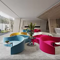 Spacious Modern Lounge Area With Colorful Curved Sofas Central Plant And Comfortable Seating 3d model