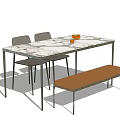 Elegant Dining Table Set With Marble Top Two Chairs And Brown Bench 3d model