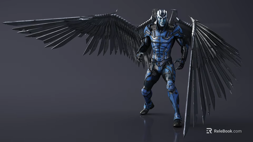 Game And Movie Character With Large Black Wings Blue Black Armor And Masked Head Design 3d model 