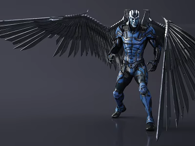 Game And Movie Character With Large Black Wings Blue Black Armor And Masked Head Design 3d model