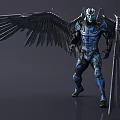 Game And Movie Character With Large Black Wings Blue Black Armor And Masked Head Design