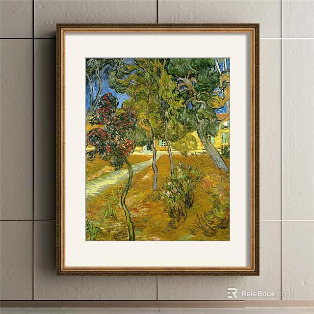 Framed Scenic Landscape Painting With Trees Path Red Flowers Yellow Field And Distant House 3d model 