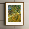 Framed Scenic Landscape Painting With Trees Path Red Flowers Yellow Field And Distant House