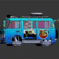 Colorful Blue Food Truck Interior Design With Cartoon Decorations And Open Door