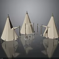 White Teepee Tents Interior Decor Setup With Wooden Poles And Decorative Accessories