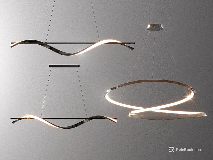 Modern Curved And Circular Pendant Lights With Metallic Frame And LED Glow For Interior Decoration 3d model 