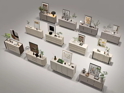 Modern Console Tables With Decorative Frames Potted Plants And Storage Drawers 3d model