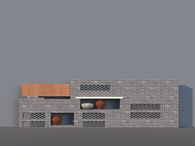Gray Brick Background Wall with Wooden Accent Decorative Lattice and Embedded Ornaments 3d model