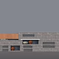 Gray Brick Background Wall with Wooden Accent Decorative Lattice and Embedded Ornaments