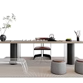 Modern Tea Table and Chairs with Green Plant Tea Set Metal Legs and Gray Stools