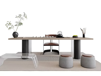 Modern Tea Table and Chairs with Green Plant Tea Set Metal Legs and Gray Stools 3d model