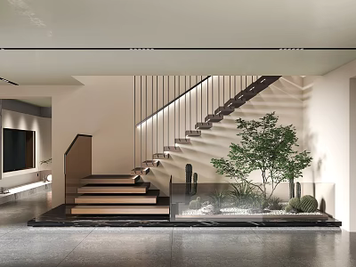 Modern Staircase Interior Design With Green Plants And Minimalist Lighting 3d model