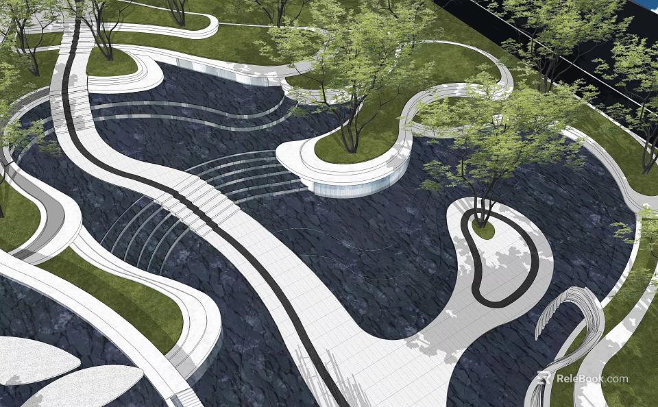 Modern Garden Wall Design With Curved Pathways Greenery And Stone Surfaces 3d model 