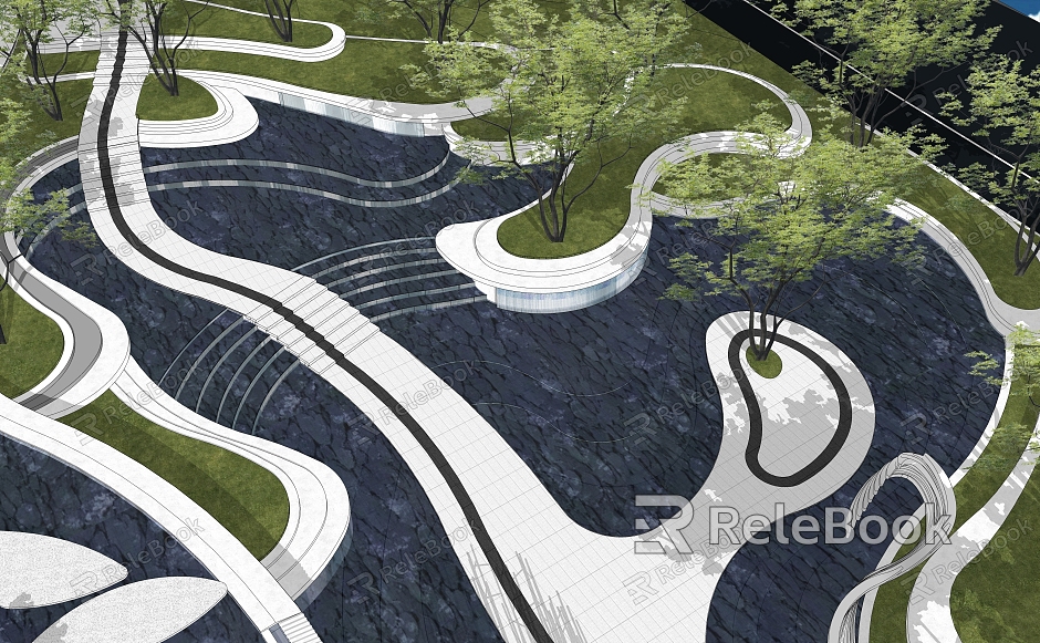 Modern Garden Landscape Curved Overlapping Water Landscape Special-shaped Streamline Overlapping Landscape Wall Overlapping Water Ting Step Paving Office Area Atrium Landscape Steps model