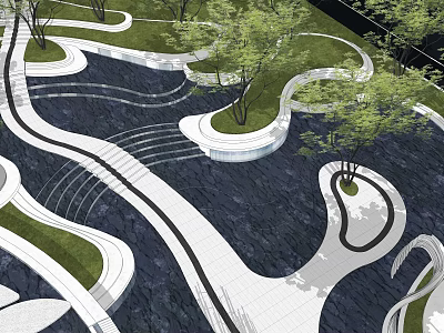 Modern Garden Wall Design With Curved Pathways Greenery And Stone Surfaces 3d model