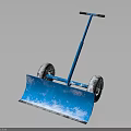 Blue Snow Shovel With Wheels And Snow On Blade For Winter Snow Removal Equipment