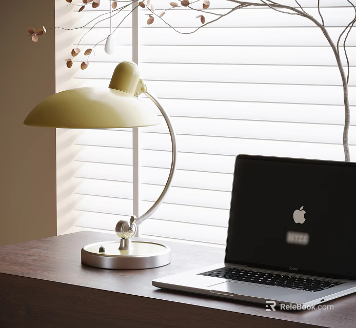 Yellow Shade Desk Lamp With Silver Stand On Wooden Desk Near Laptop And White Blinds 3d model 
