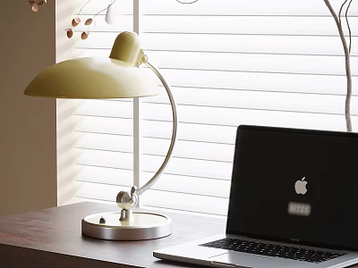 Yellow Shade Desk Lamp With Silver Stand On Wooden Desk Near Laptop And White Blinds 3d model