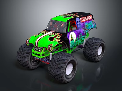 Green Monster Truck With Flame Decals Skull Graphics Death Row Text And Large Tires 3d model
